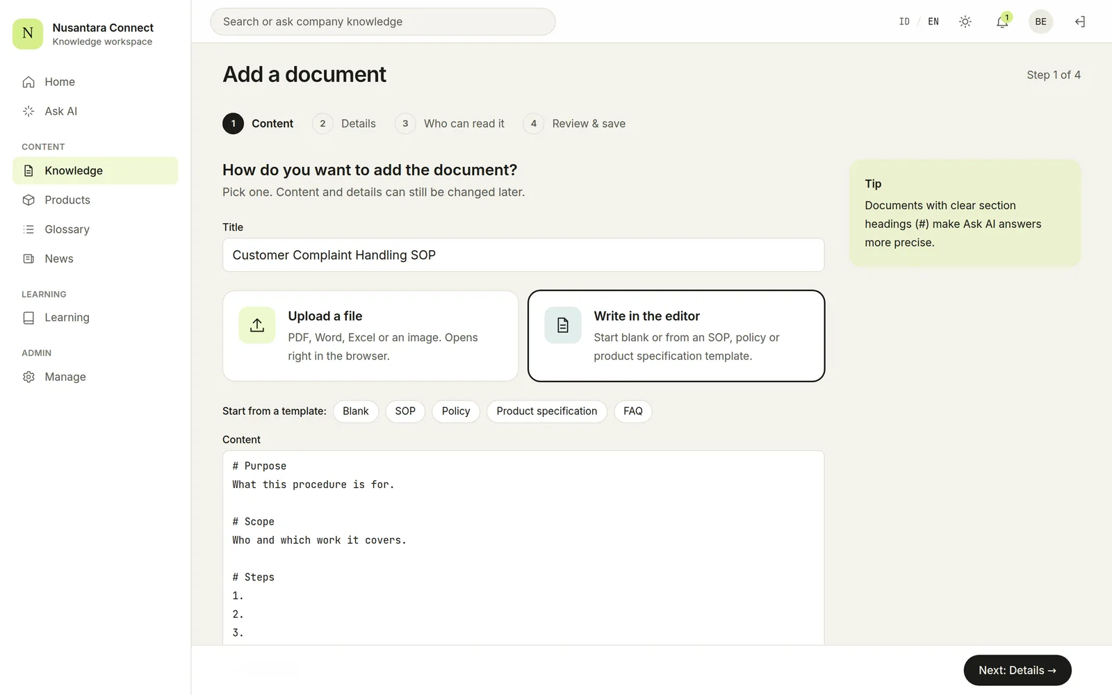 Wizard Tambah dokumen: unggah file atau tulis di editor dari template SOP (data contoh)